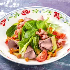 Салат с языком и опятами, с соусом из зелени